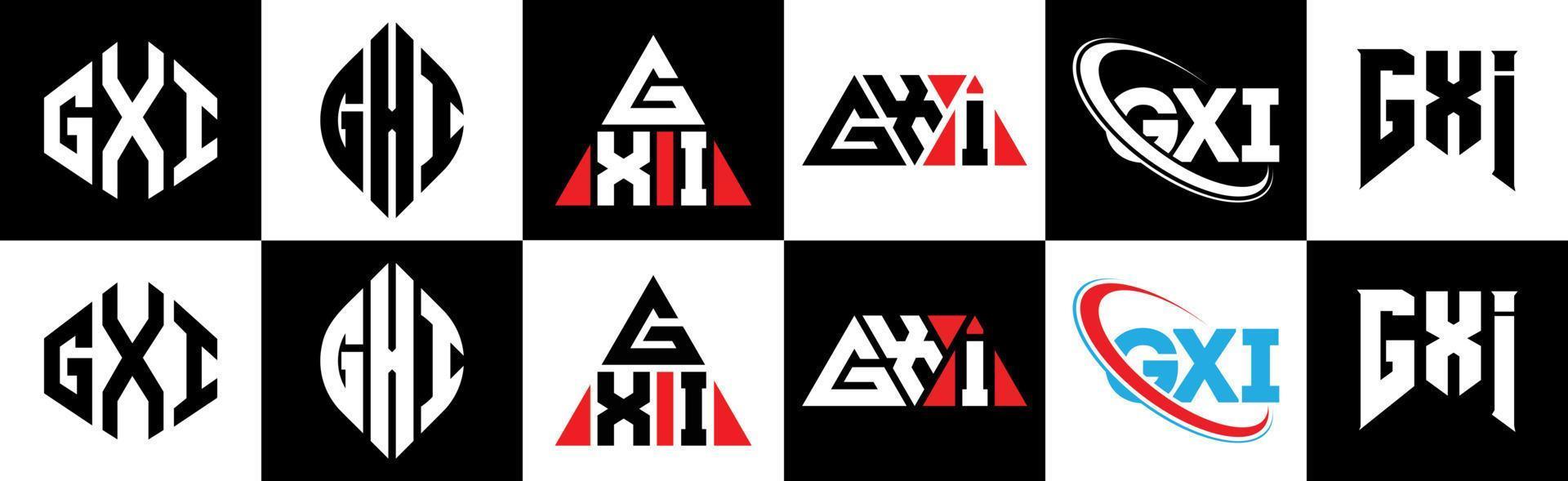 gxi lettera logo design nel sei stile. gxi poligono, cerchio, triangolo, esagono, piatto e semplice stile con nero e bianca colore variazione lettera logo impostato nel uno tavola da disegno. gxi minimalista e classico logo vettore