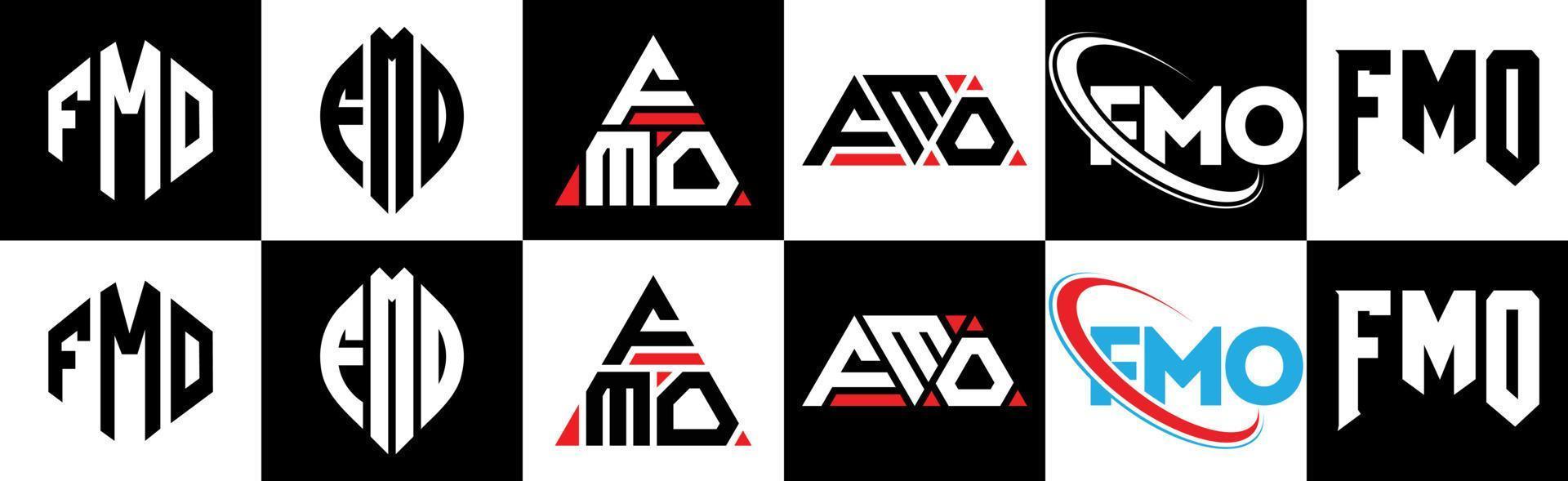 fmo lettera logo design nel sei stile. fmo poligono, cerchio, triangolo, esagono, piatto e semplice stile con nero e bianca colore variazione lettera logo impostato nel uno tavola da disegno. fmo minimalista e classico logo vettore