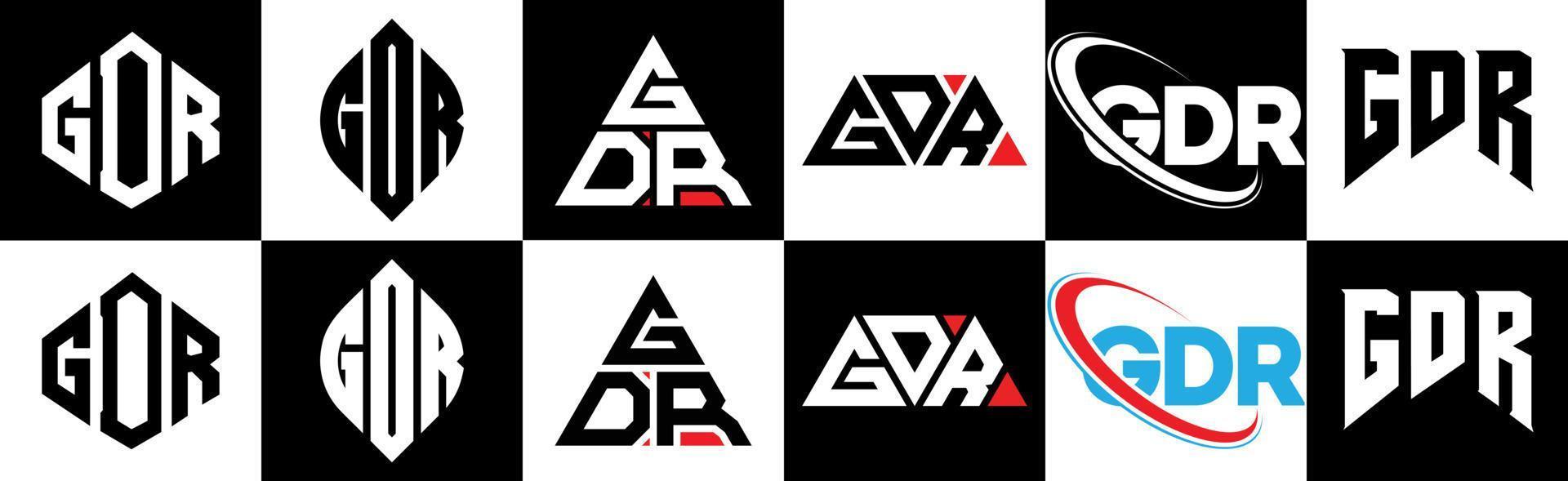 gdr lettera logo design nel sei stile. gdr poligono, cerchio, triangolo, esagono, piatto e semplice stile con nero e bianca colore variazione lettera logo impostato nel uno tavola da disegno. gdr minimalista e classico logo vettore