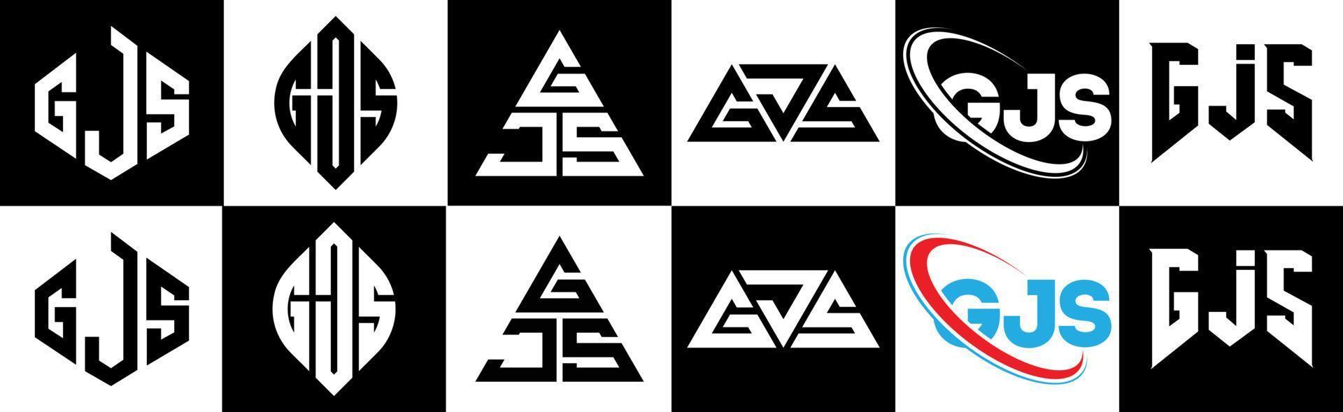 gjs lettera logo design nel sei stile. gjs poligono, cerchio, triangolo, esagono, piatto e semplice stile con nero e bianca colore variazione lettera logo impostato nel uno tavola da disegno. gjs minimalista e classico logo vettore