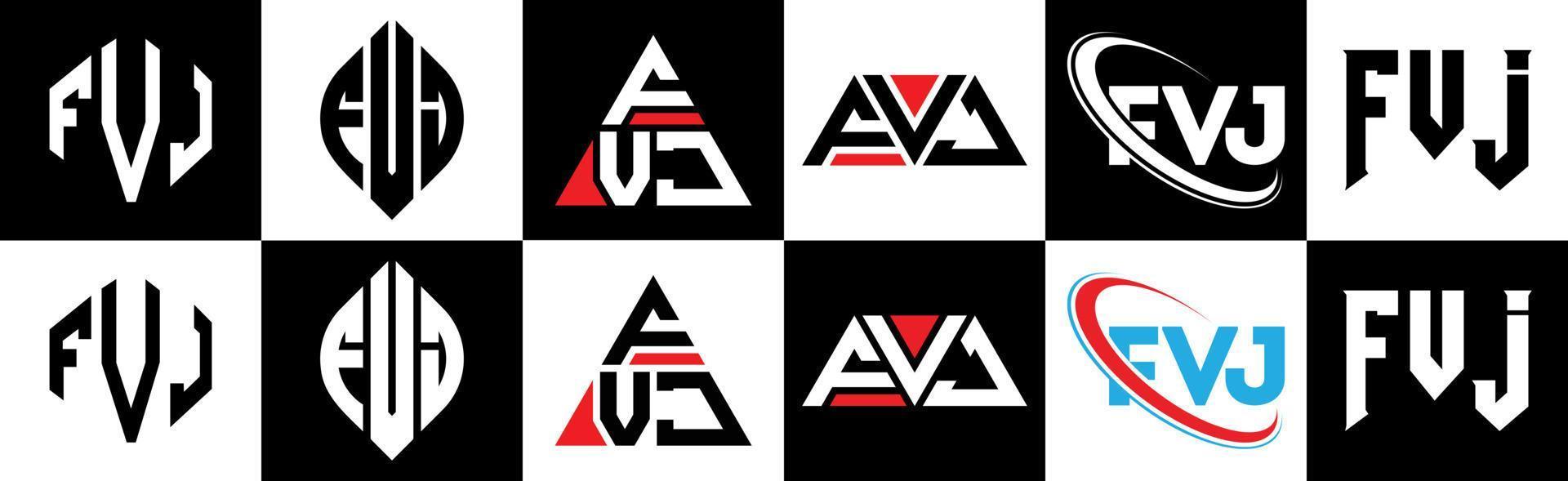 fvj lettera logo design nel sei stile. fvj poligono, cerchio, triangolo, esagono, piatto e semplice stile con nero e bianca colore variazione lettera logo impostato nel uno tavola da disegno. fvj minimalista e classico logo vettore