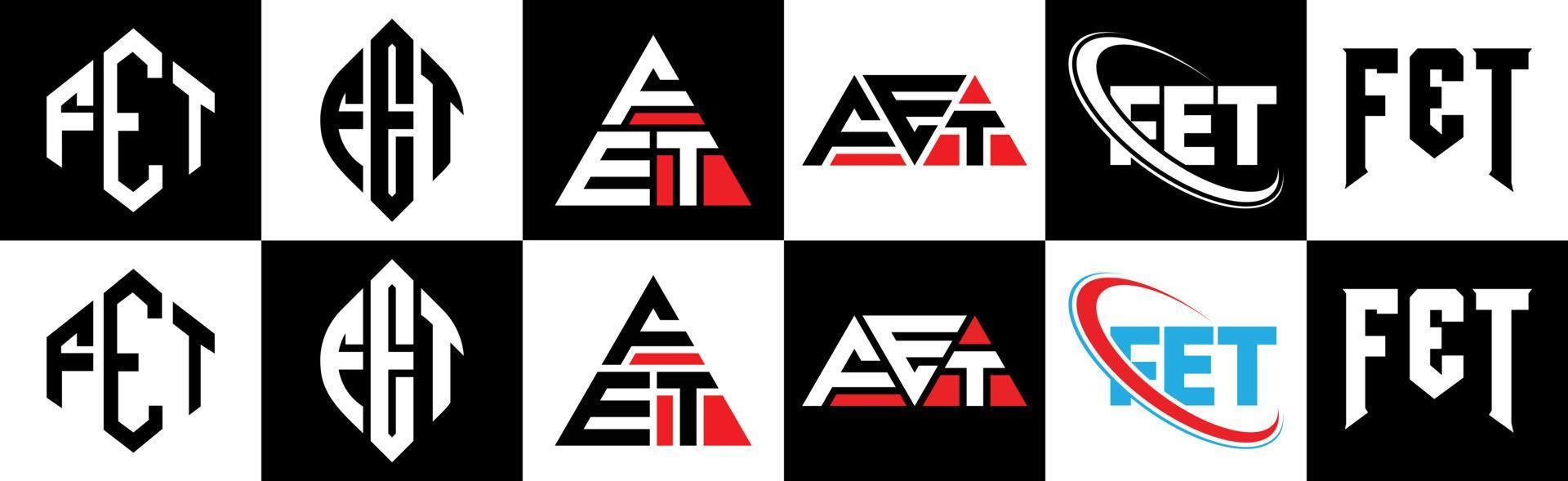 fett lettera logo design nel sei stile. fett poligono, cerchio, triangolo, esagono, piatto e semplice stile con nero e bianca colore variazione lettera logo impostato nel uno tavola da disegno. fett minimalista e classico logo vettore