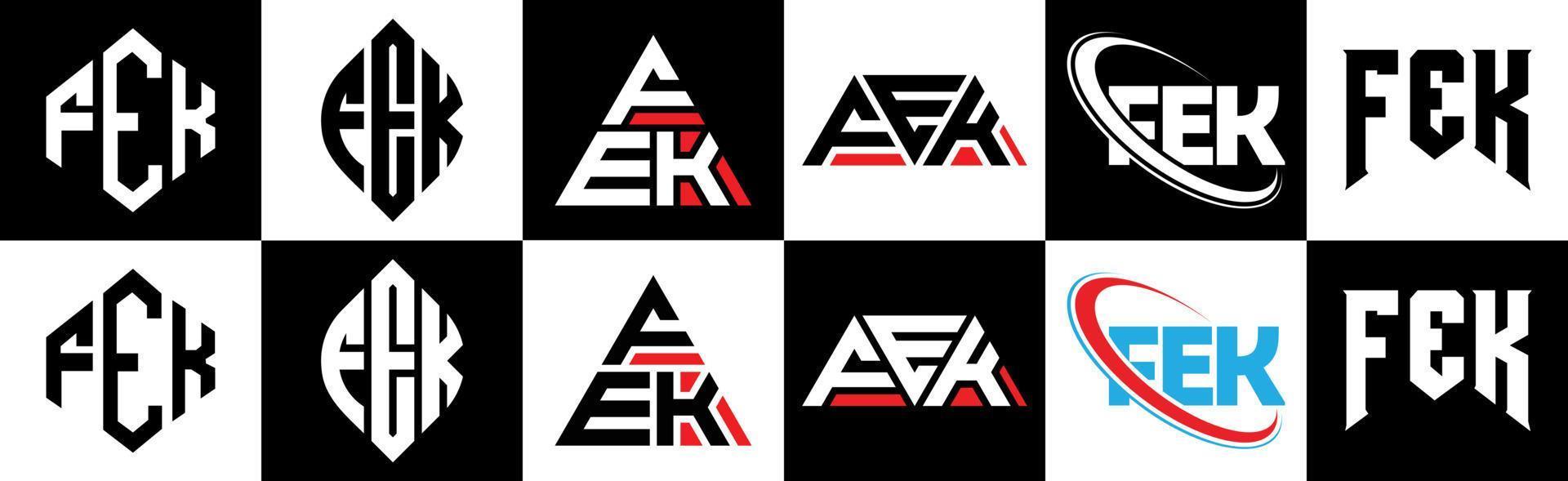 fec lettera logo design nel sei stile. fec poligono, cerchio, triangolo, esagono, piatto e semplice stile con nero e bianca colore variazione lettera logo impostato nel uno tavola da disegno. fec minimalista e classico logo vettore