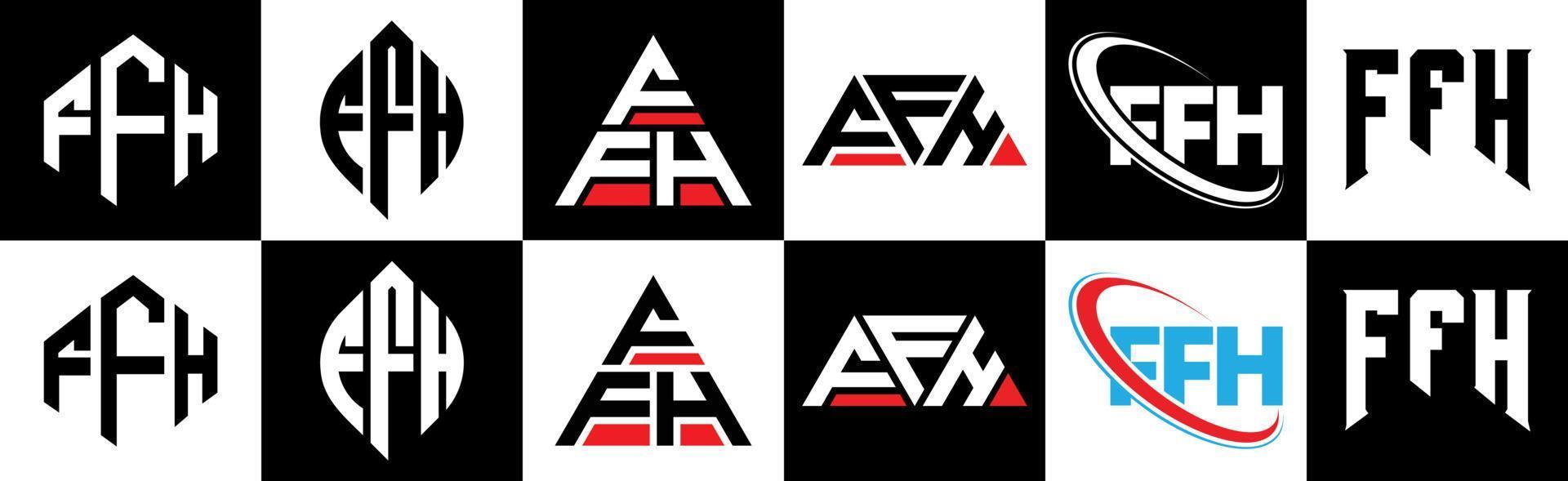 ffh lettera logo design nel sei stile. ffh poligono, cerchio, triangolo, esagono, piatto e semplice stile con nero e bianca colore variazione lettera logo impostato nel uno tavola da disegno. ffh minimalista e classico logo vettore