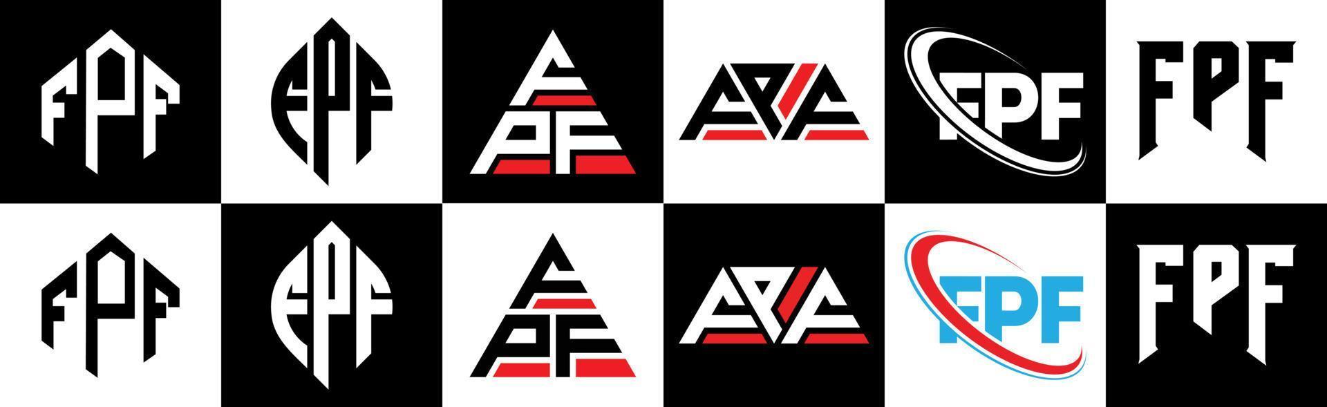 fpf lettera logo design nel sei stile. fpf poligono, cerchio, triangolo, esagono, piatto e semplice stile con nero e bianca colore variazione lettera logo impostato nel uno tavola da disegno. fpf minimalista e classico logo vettore