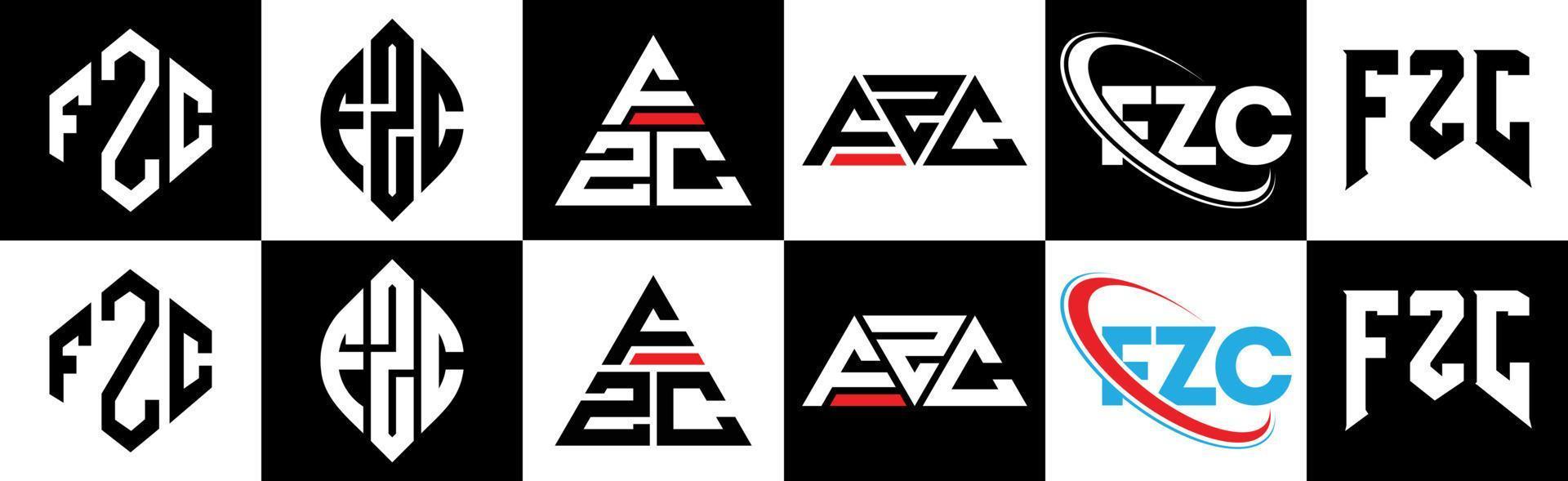 fzc lettera logo design nel sei stile. fzc poligono, cerchio, triangolo, esagono, piatto e semplice stile con nero e bianca colore variazione lettera logo impostato nel uno tavola da disegno. fzc minimalista e classico logo vettore