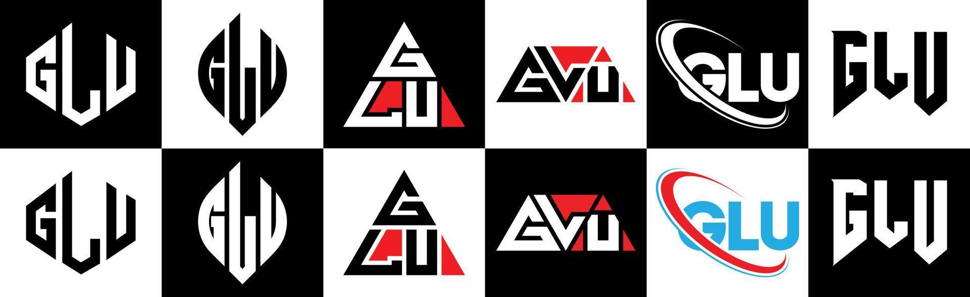 glu lettera logo design nel sei stile. glu poligono, cerchio, triangolo, esagono, piatto e semplice stile con nero e bianca colore variazione lettera logo impostato nel uno tavola da disegno. glu minimalista e classico logo vettore