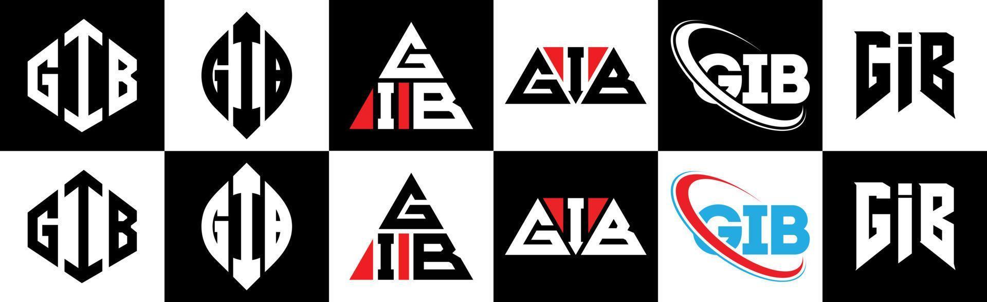 gib lettera logo design nel sei stile. gib poligono, cerchio, triangolo, esagono, piatto e semplice stile con nero e bianca colore variazione lettera logo impostato nel uno tavola da disegno. gib minimalista e classico logo vettore