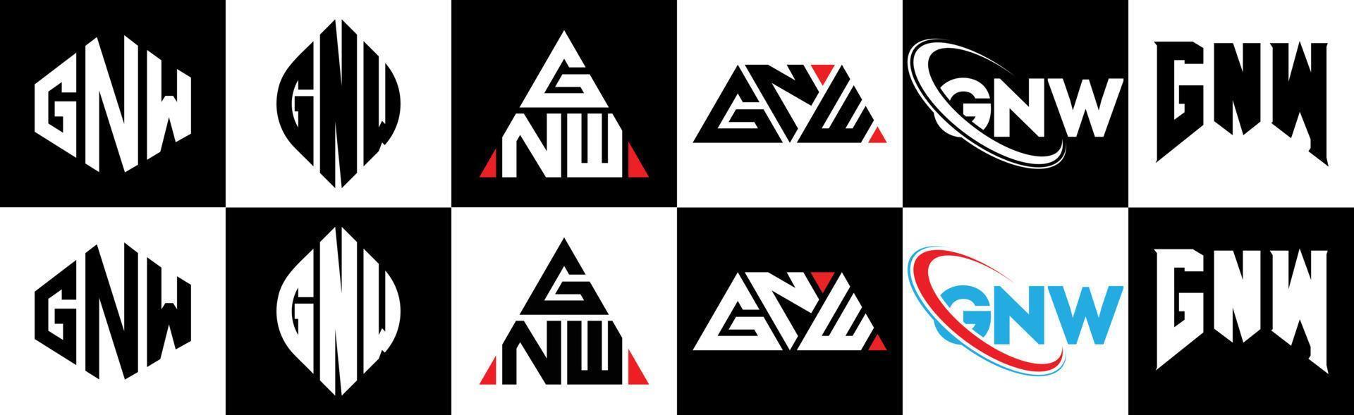 gnw lettera logo design nel sei stile. gnw poligono, cerchio, triangolo, esagono, piatto e semplice stile con nero e bianca colore variazione lettera logo impostato nel uno tavola da disegno. gnw minimalista e classico logo vettore