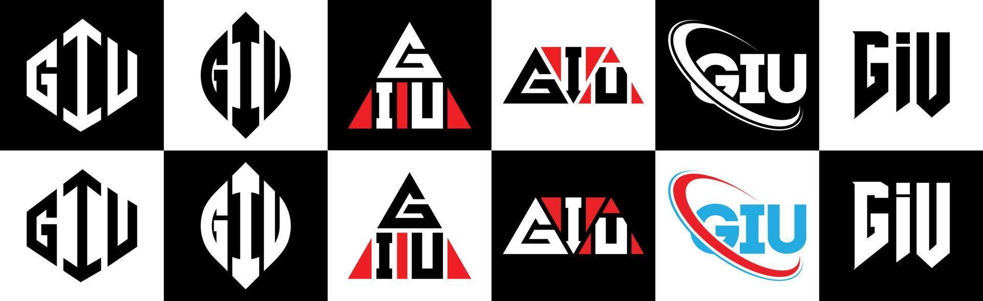 giu lettera logo design nel sei stile. giu poligono, cerchio, triangolo, esagono, piatto e semplice stile con nero e bianca colore variazione lettera logo impostato nel uno tavola da disegno. giu minimalista e classico logo vettore