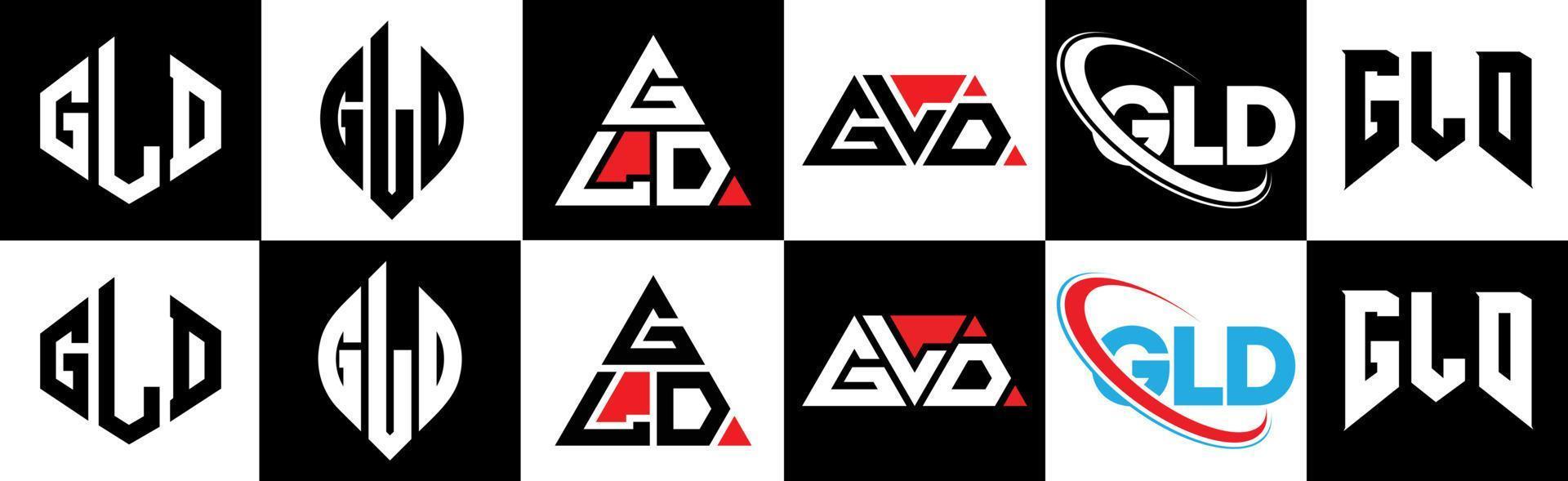 gld lettera logo design nel sei stile. gld poligono, cerchio, triangolo, esagono, piatto e semplice stile con nero e bianca colore variazione lettera logo impostato nel uno tavola da disegno. gld minimalista e classico logo vettore