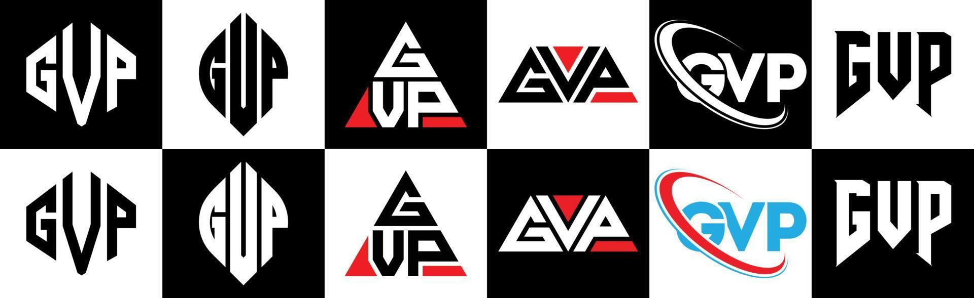 gvp lettera logo design nel sei stile. gvp poligono, cerchio, triangolo, esagono, piatto e semplice stile con nero e bianca colore variazione lettera logo impostato nel uno tavola da disegno. gvp minimalista e classico logo vettore