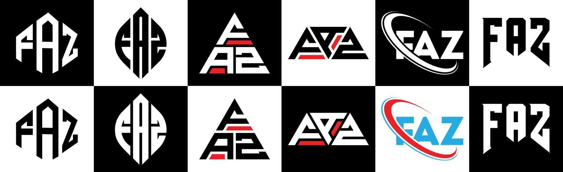 faz lettera logo design nel sei stile. faz poligono, cerchio, triangolo, esagono, piatto e semplice stile con nero e bianca colore variazione lettera logo impostato nel uno tavola da disegno. faz minimalista e classico logo vettore