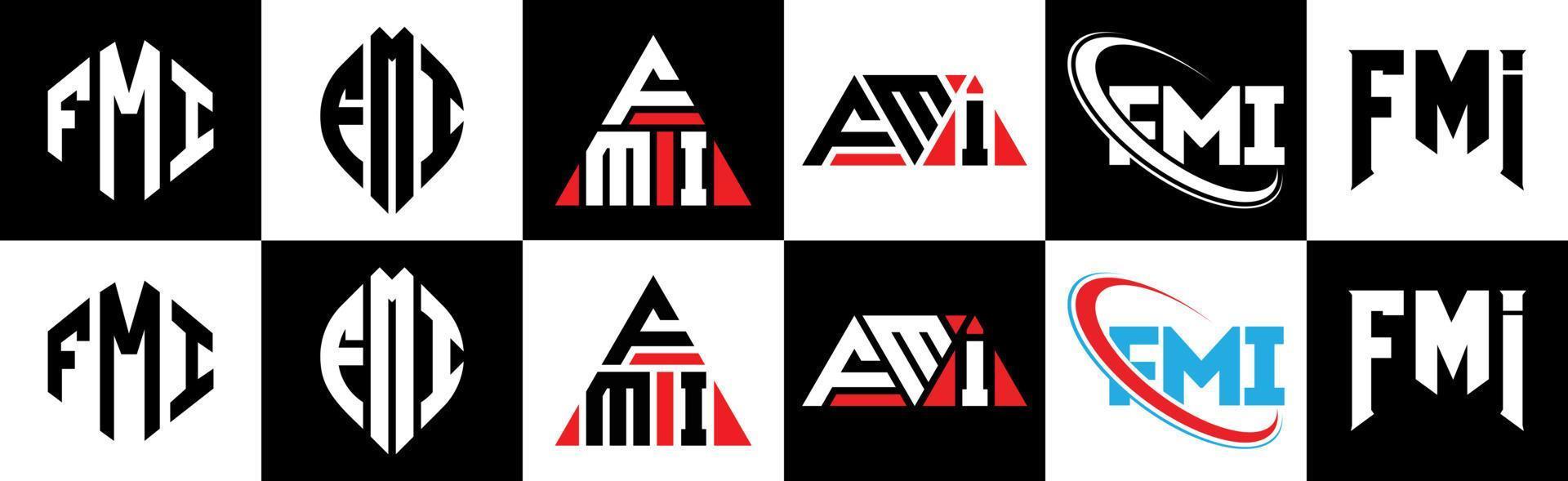 fmi lettera logo design nel sei stile. fmi poligono, cerchio, triangolo, esagono, piatto e semplice stile con nero e bianca colore variazione lettera logo impostato nel uno tavola da disegno. fmi minimalista e classico logo vettore