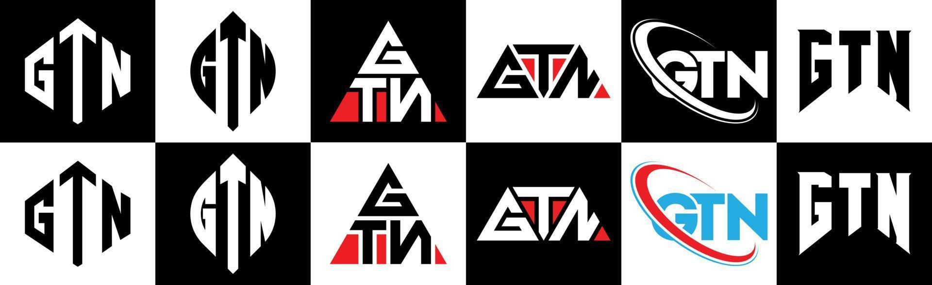 gtn lettera logo design nel sei stile. gtn poligono, cerchio, triangolo, esagono, piatto e semplice stile con nero e bianca colore variazione lettera logo impostato nel uno tavola da disegno. gtn minimalista e classico logo vettore