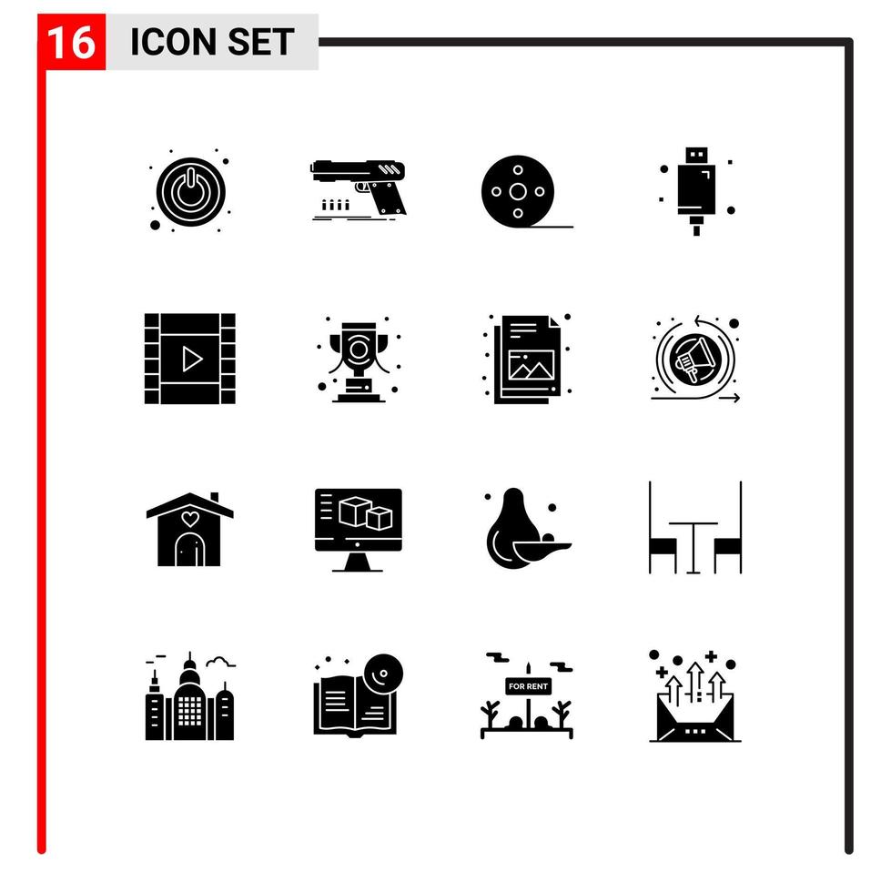 impostato di 16 commerciale solido glifi imballare per film elettronico album elettrico cavo modificabile vettore design elementi