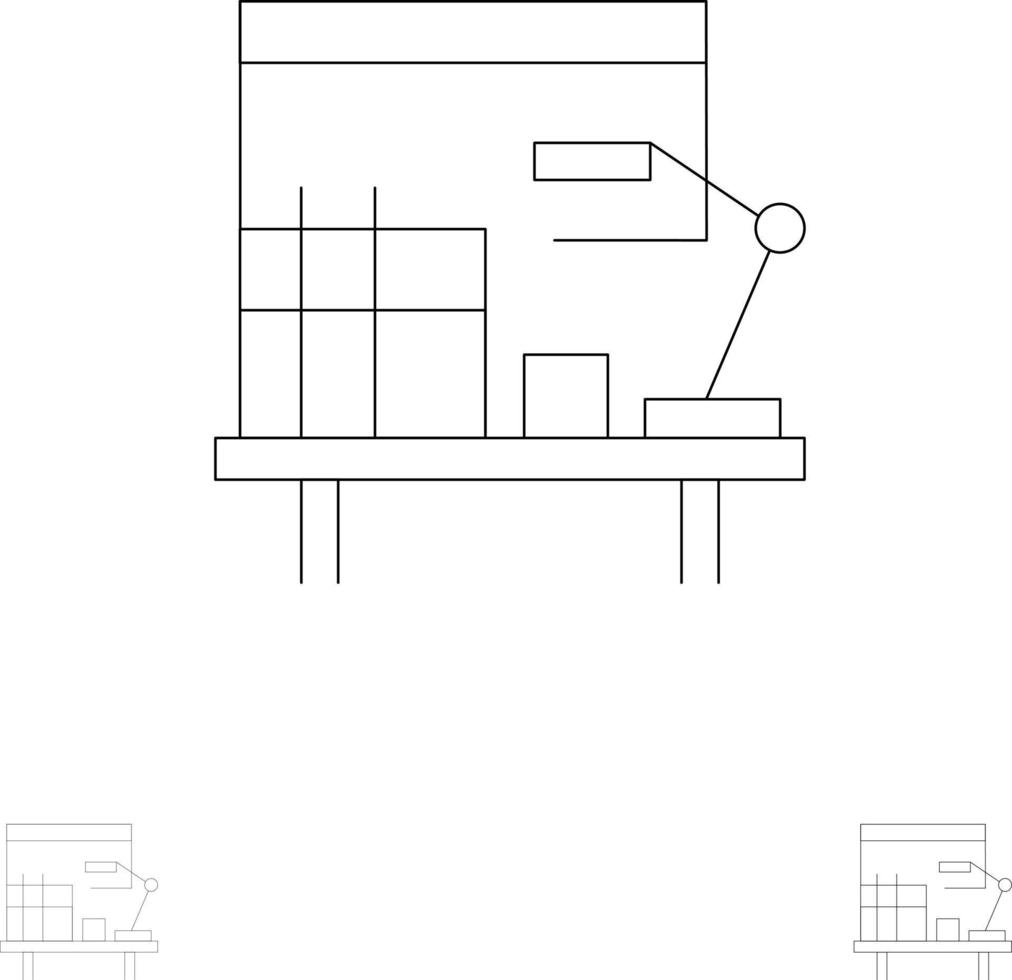 posto di lavoro scrivania ufficio tavolo grassetto e magro nero linea icona impostato vettore