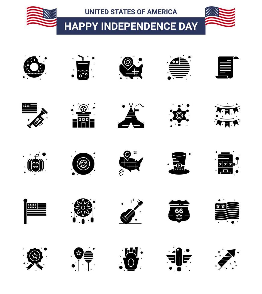 impostato di 25 moderno solido glifo imballare su Stati Uniti d'America indipendenza giorno testo internazionale bandiera carta geografica bandiera Posizione perno modificabile Stati Uniti d'America giorno vettore design elementi