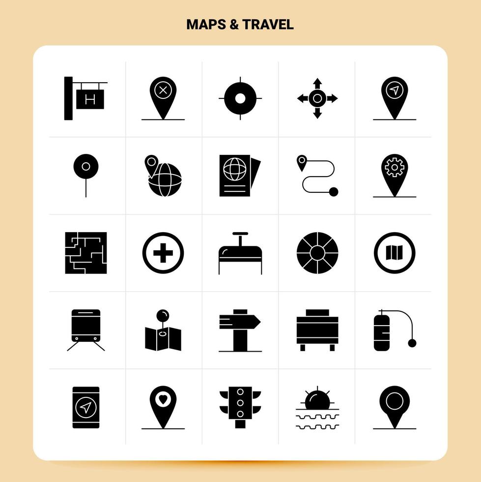 solido 25 mappe viaggio icona impostato vettore glifo stile design nero icone impostato ragnatela e mobile attività commerciale idee design vettore illustrazione