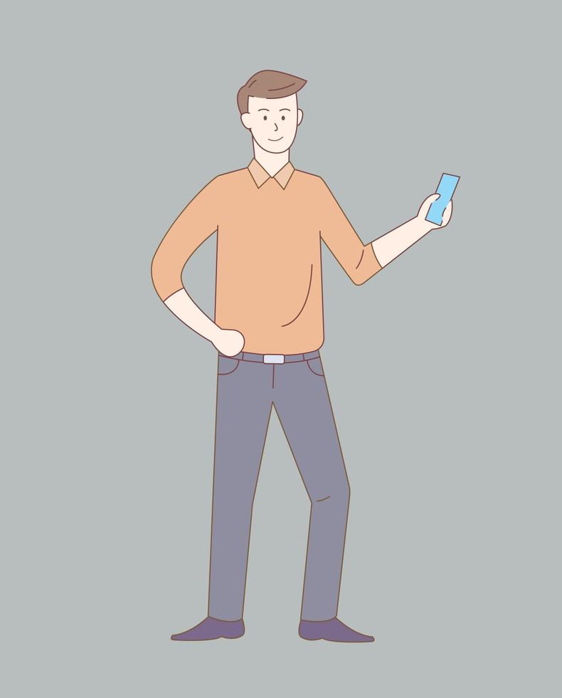 uomo in piedi e Tenere smartphone con schema o linea e pulito semplice stile vettore