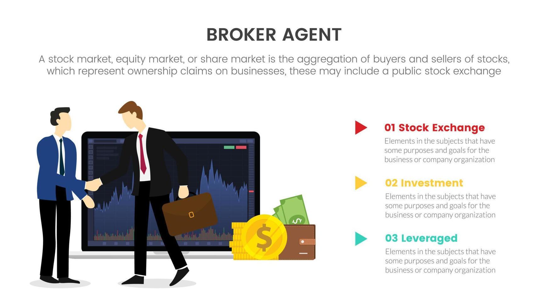 broker agente azione mercato commercio scambio Infografica concetto per diapositiva presentazione con 3 punto elenco vettore