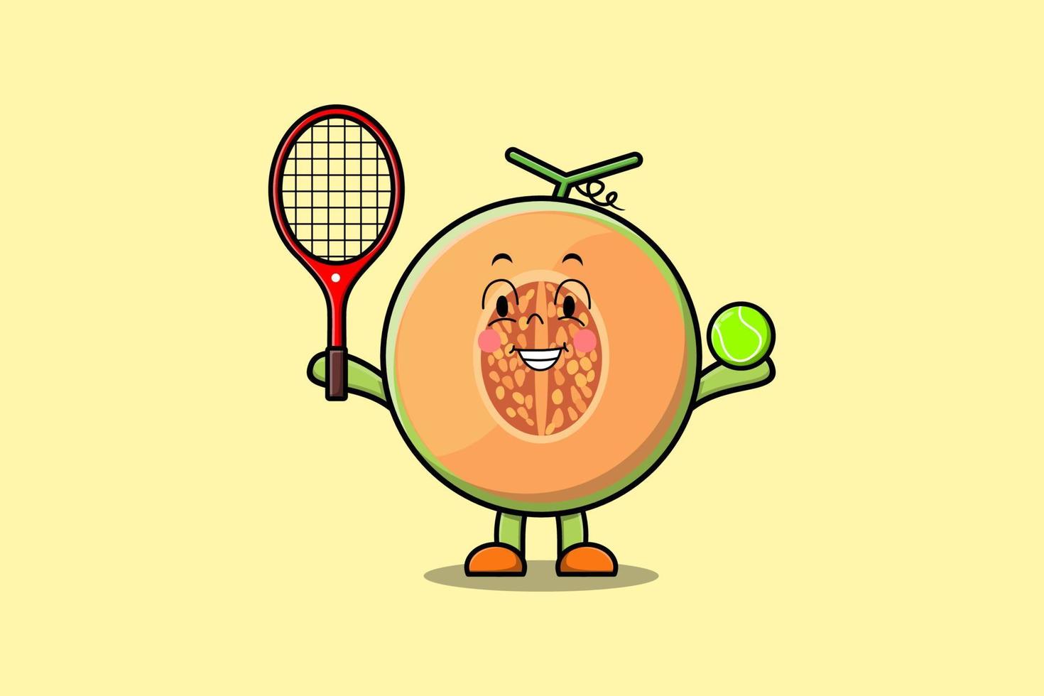 carino cartone animato melone personaggio giocando tennis campo vettore