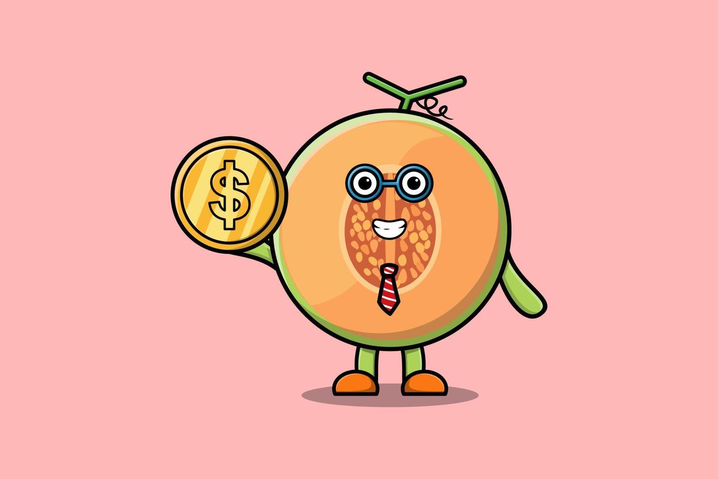carino cartone animato melone uomo d'affari Tenere oro moneta vettore