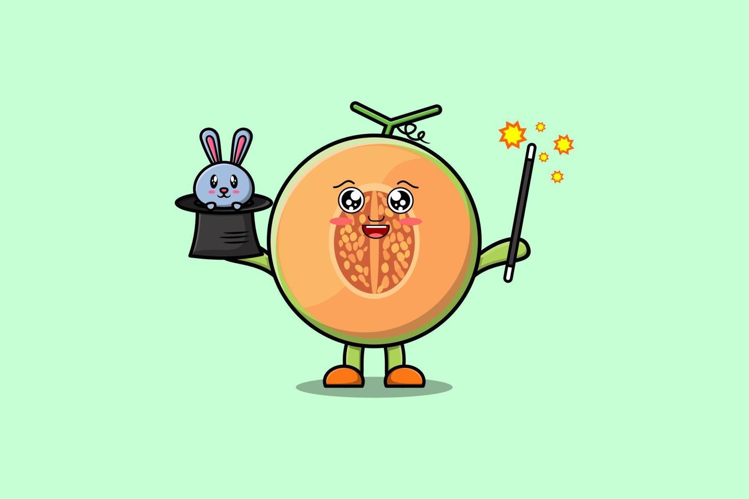 carino cartone animato melone mago con coniglietto personaggio vettore