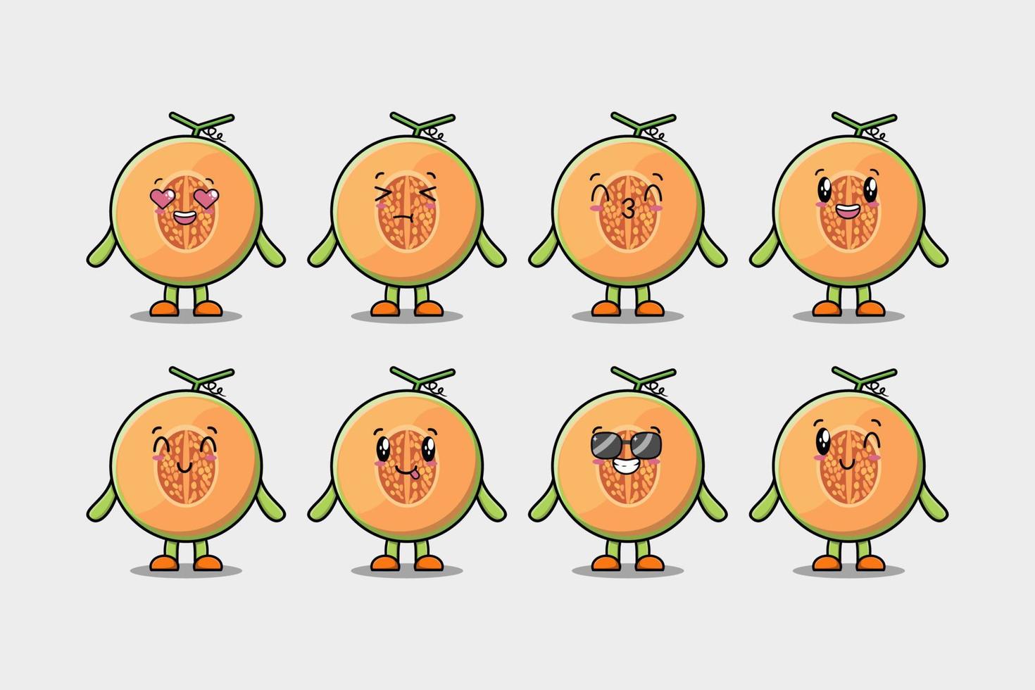 impostato kawaii melone cartone animato personaggio con espressione vettore