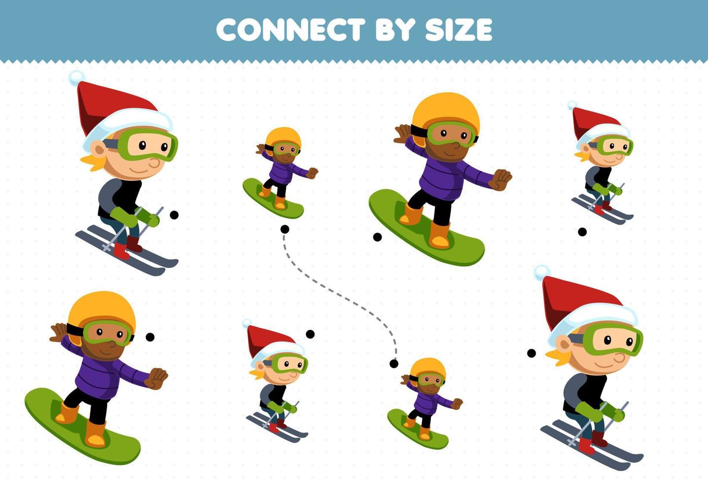 educativo gioco per bambini Collegare di il dimensione di carino cartone animato ragazzo giocando sciare e Snowboard stampabile inverno foglio di lavoro vettore