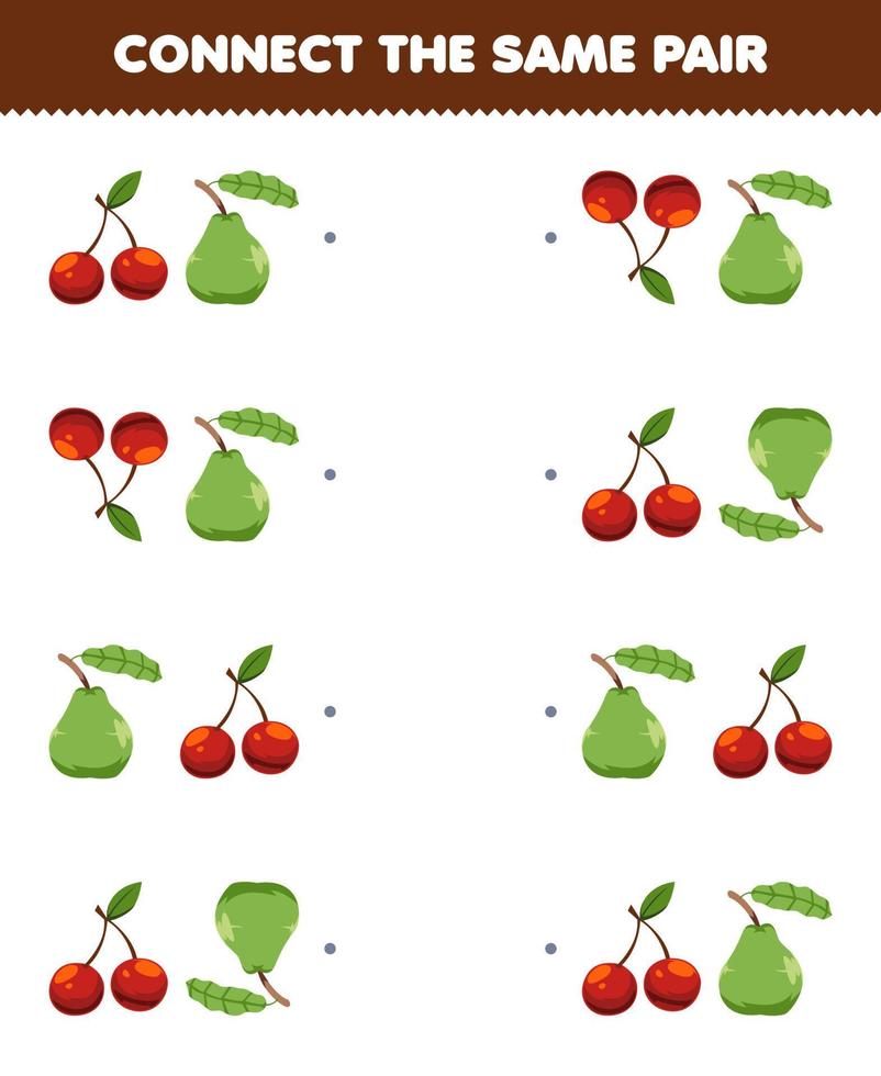 formazione scolastica gioco per bambini Collegare il stesso immagine di carino cartone animato ciliegia e guaiava paio stampabile frutta foglio di lavoro vettore