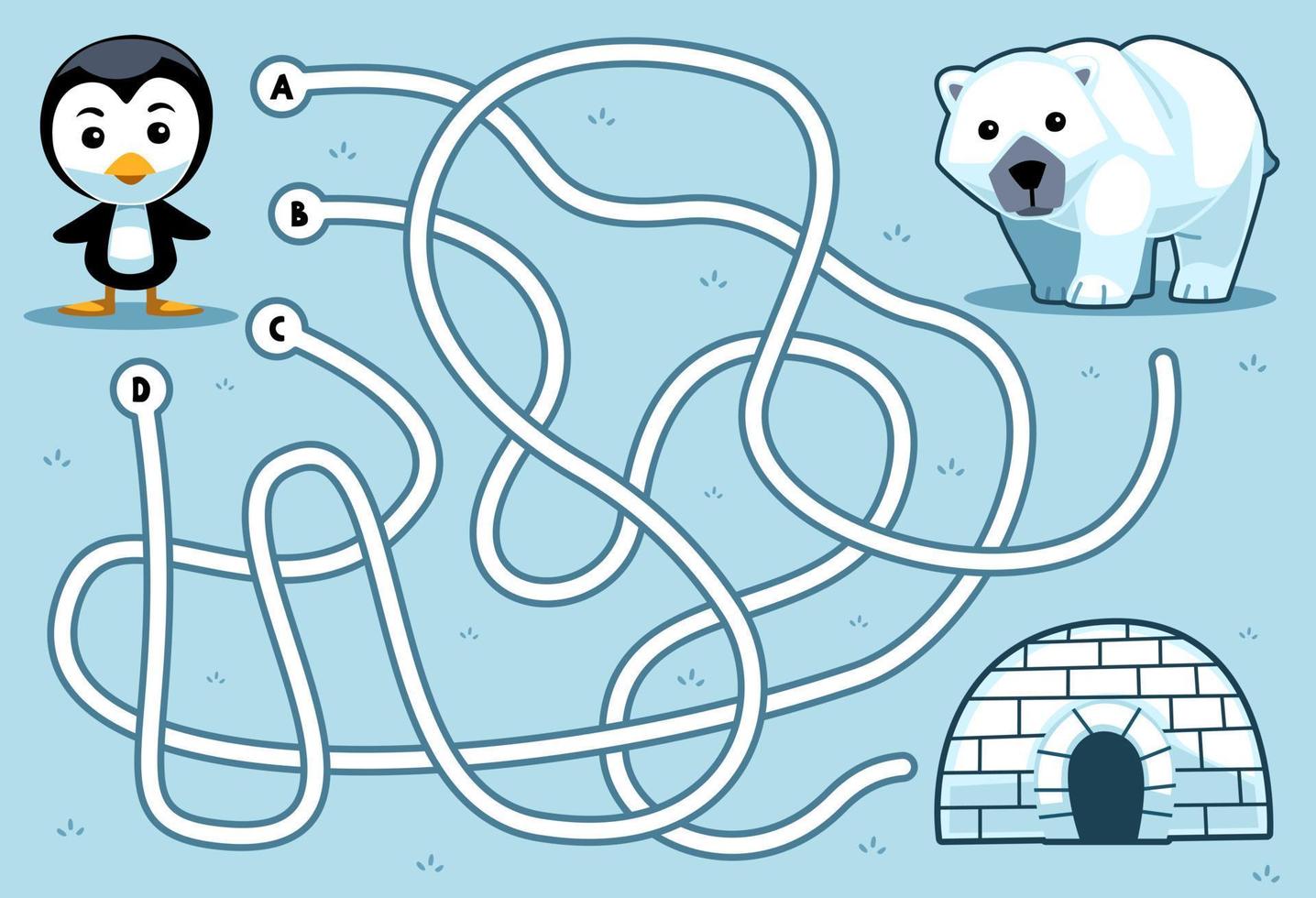 labirinto puzzle gioco per bambini con carino cartone animato pinguino polare orso e tana stampabile inverno foglio di lavoro vettore