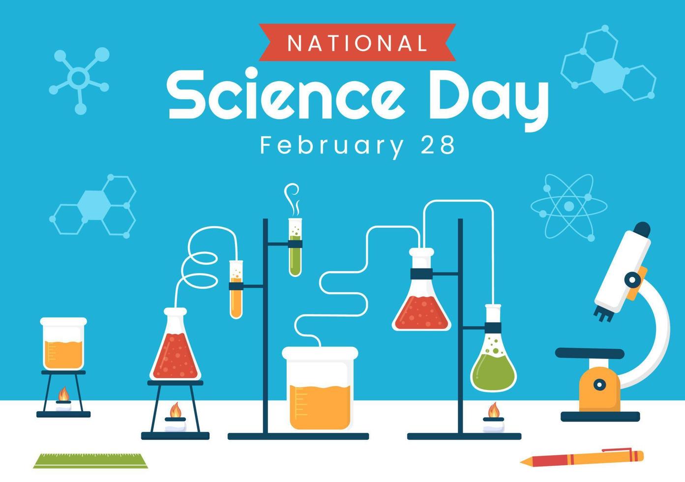 nazionale scienza giorno febbraio 28 relazionato per chimico liquido, scientifico, medico e ricerca nel piatto cartone animato mano disegnato modelli illustrazione vettore