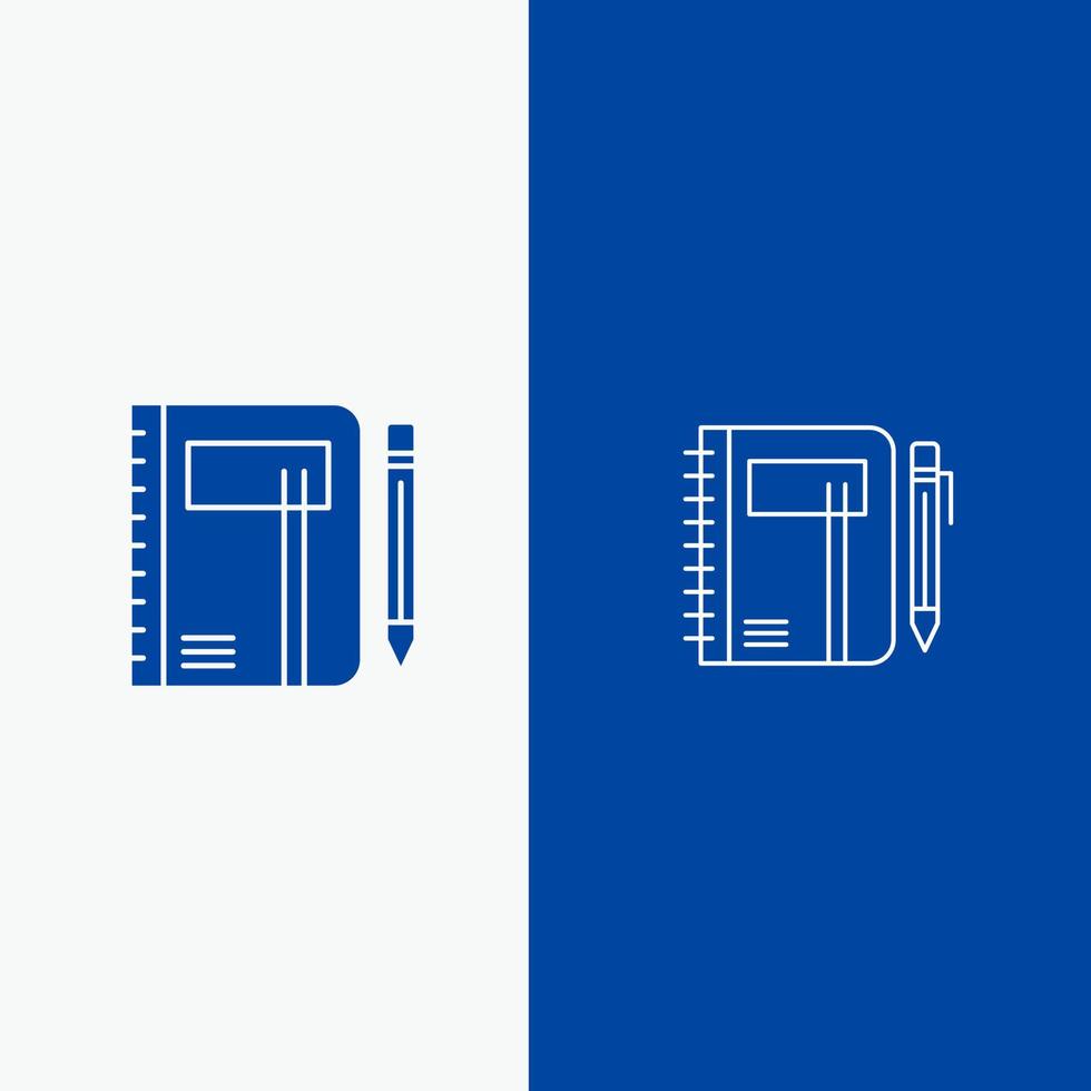 cartella di lavoro attività commerciale Nota bloc notes tampone penna schizzo linea e glifo solido icona blu bandiera linea e glifo solido icona blu bandiera vettore