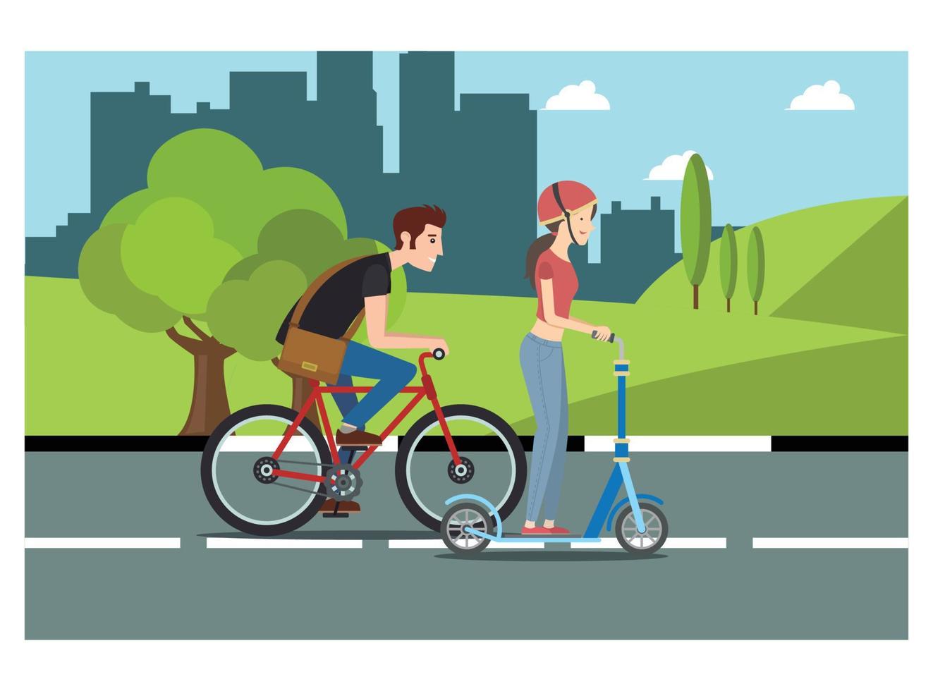 illustrazione di Ciclismo nel parco con famiglia, ciglio della strada nel soleggiato giorno. adatto per diagrammi, infografica, e altro grafico risorse vettore