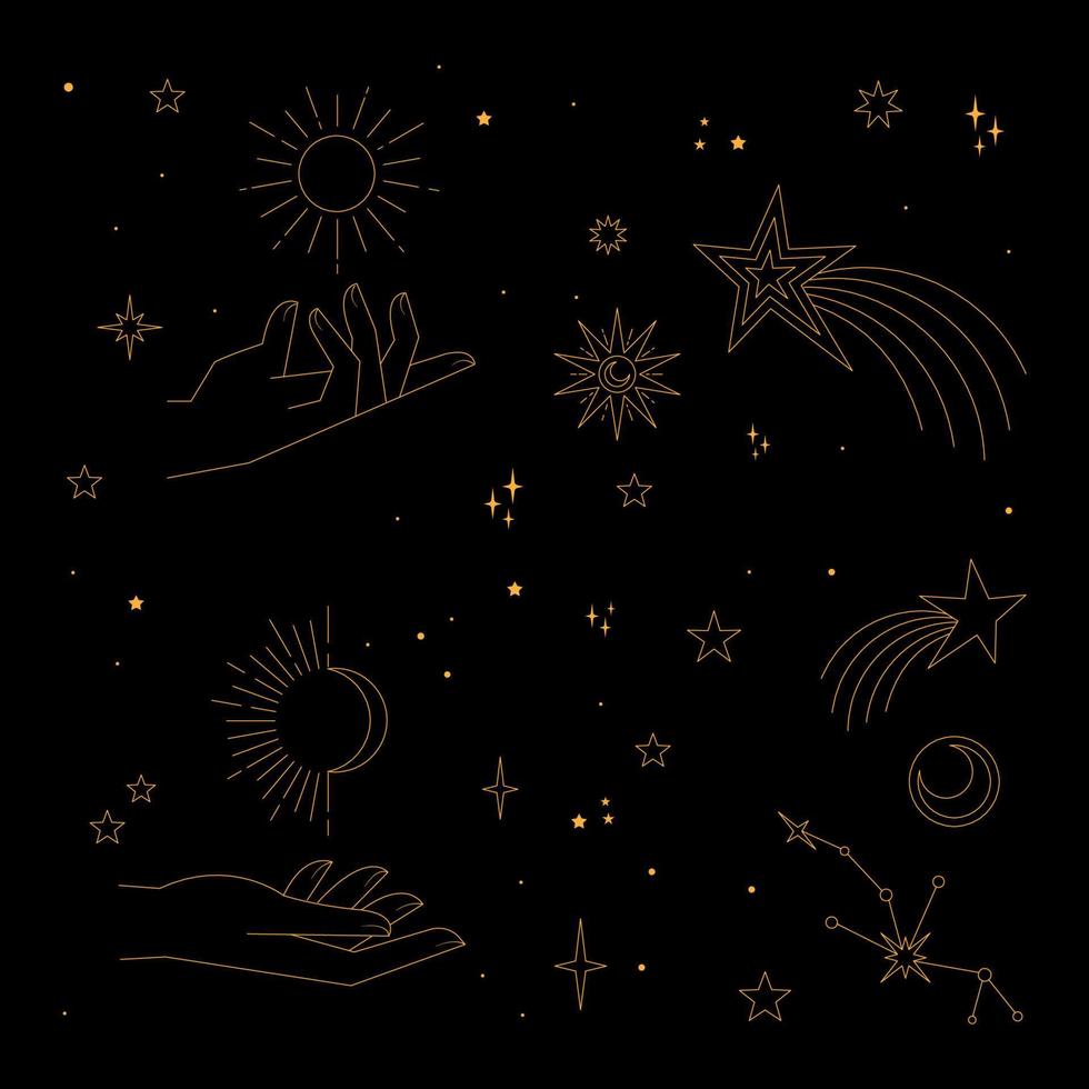 astrale stelle lineare icone. mistico simboli, mani, pianeti, Soli e lune. vettore
