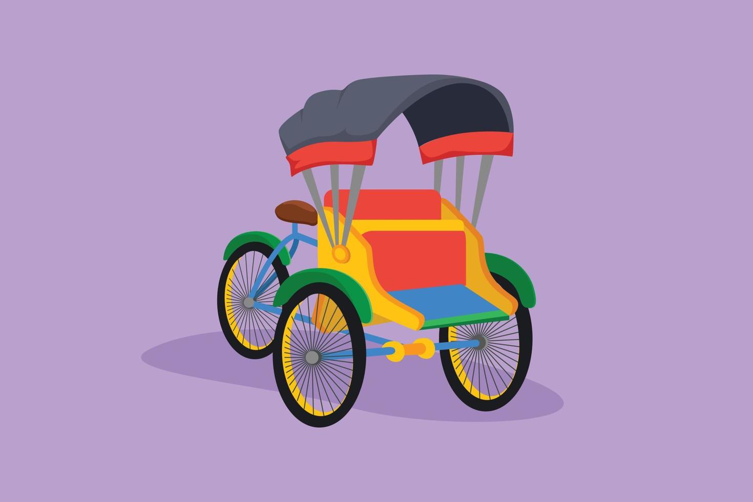 cartone animato piatto stile disegno pedicab con tre ruote e passeggeri posto a sedere a davanti e autista controllo a il posteriore spesso trovato nel Indonesia. tradizionale trasporto. grafico design vettore illustrazione