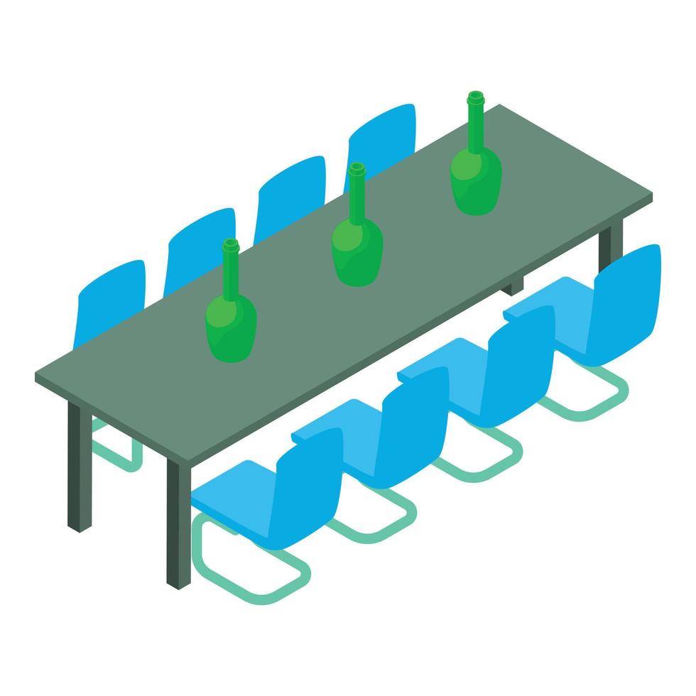 conferenza mobilia icona isometrico vettore. bicchiere bottiglia su lungo tavolo e sedia vettore