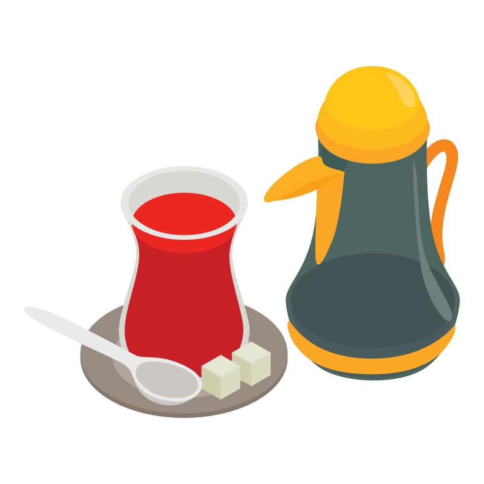Arabo tè icona isometrico vettore. tradizionale tè nel bicchiere armudu e teiera vettore