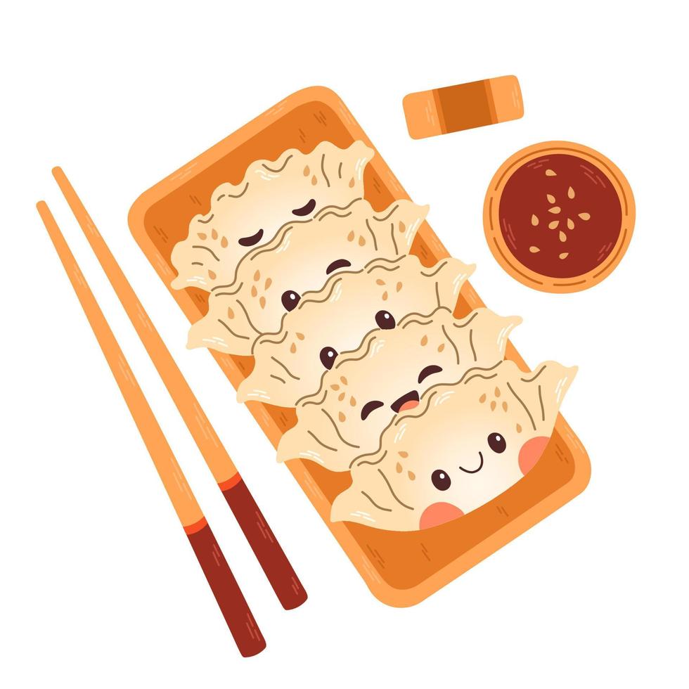 gyoza cartone animato vettore isolato su bianca sfondo. mano disegnato giapponese gyoza merenda