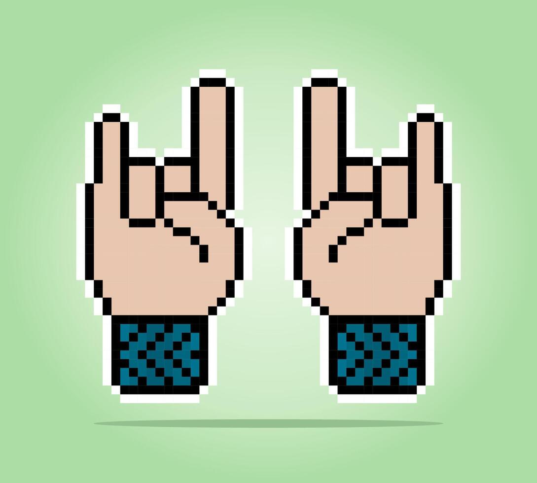 Pixel a 8 bit dell'immagine rock and roll a mano. illustrazione vettoriale di pixel art.