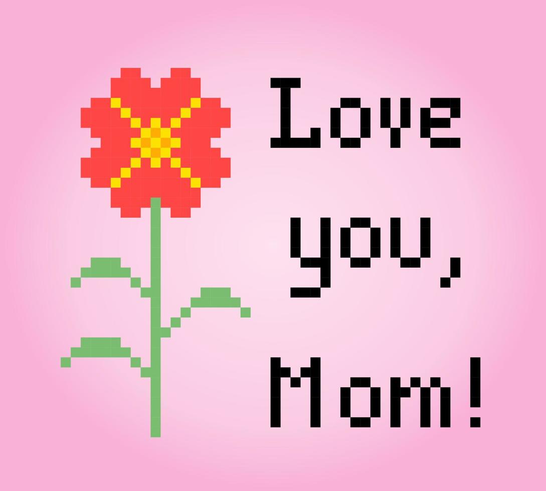 Immagine a 8 bit del biglietto di auguri per la festa della mamma. illustrazione di vettori di pixel art.