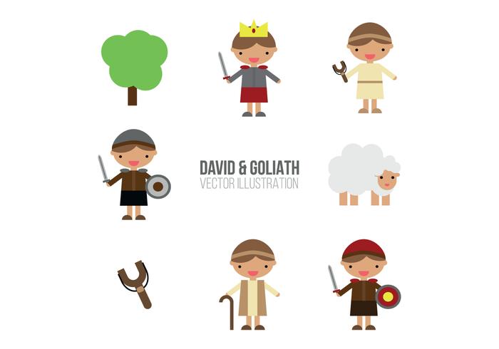David & Goliath Set di illustrazioni piatte vettore