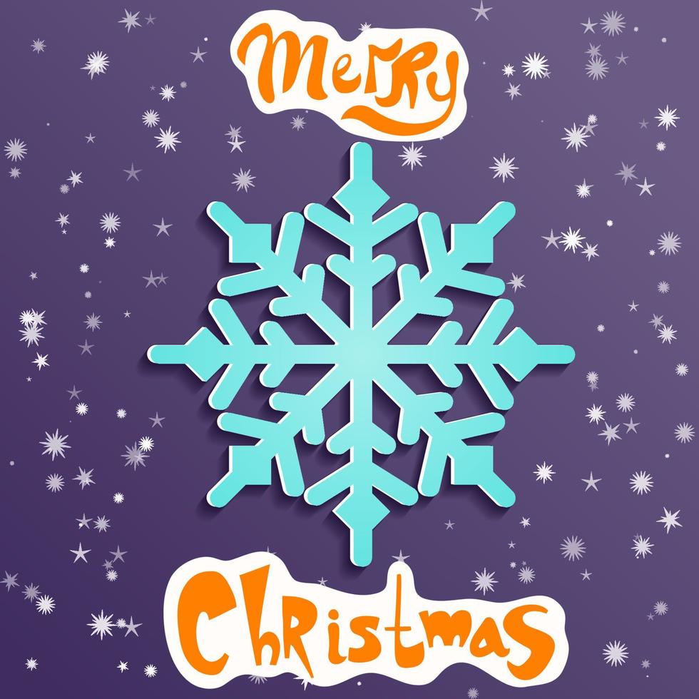 blu volumetrica fiocco di neve su un' viola sfondo con leggero i fiocchi di neve e arancia lettering allegro Natale su un' bianca sfondo. vettore Natale illustrazione