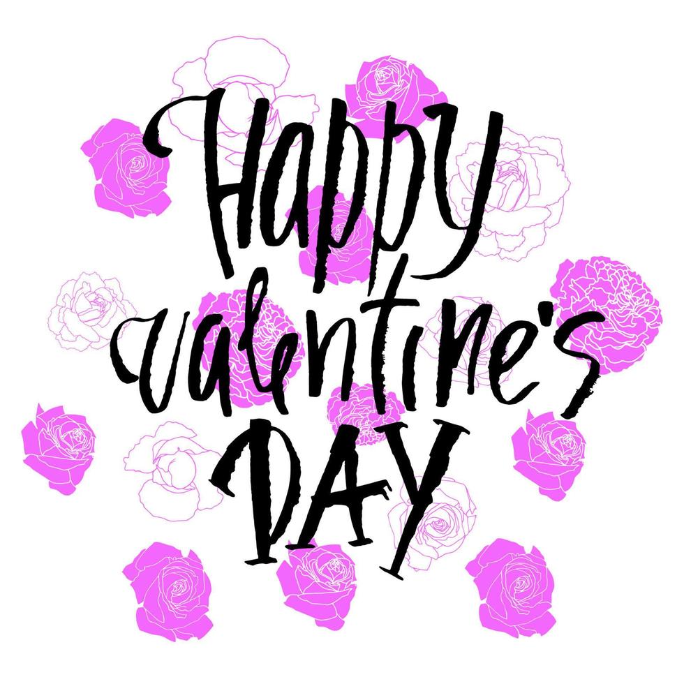 contento San Valentino giorno - vettore mano scritto scritta. vettore grunge nero inchiostro lettering isolato su bianca su un' sfondo di un' floreale Stampa di viola Rose