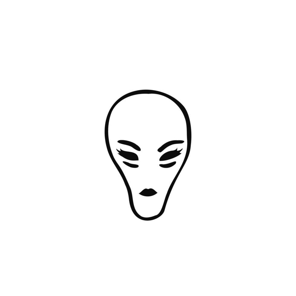 alieno testa con ciglia e rossetto su labbra - nel scarabocchio stile - mano disegnato vettore disegno. il concetto di un' stereotipato Immagine di un' femmina umanoide alieno