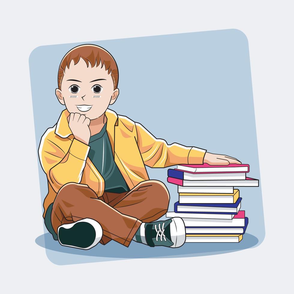 ragazzo studia. ragazzo sorridente seduta con il suo libri vettore illustrazione gratuito Scarica