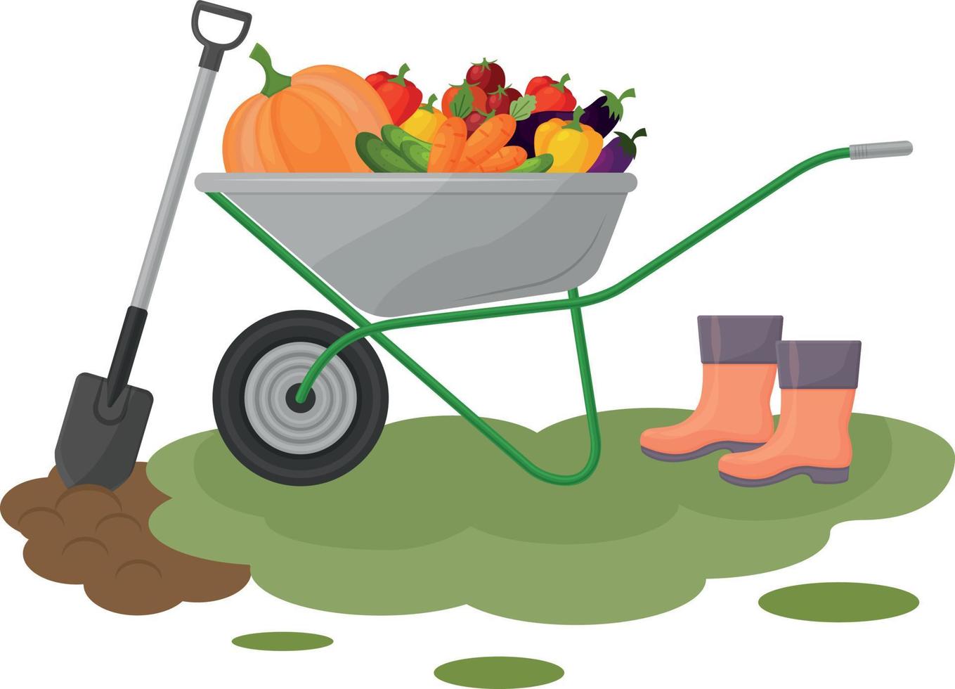 illustrazione di il raccolto. un' giardino carriola su il verde erba, con un' raccogliere di la verdura, zucche, cetrioli, pomodori, carote, peperoni e melanzane, un' pala per giardino opera. vettore