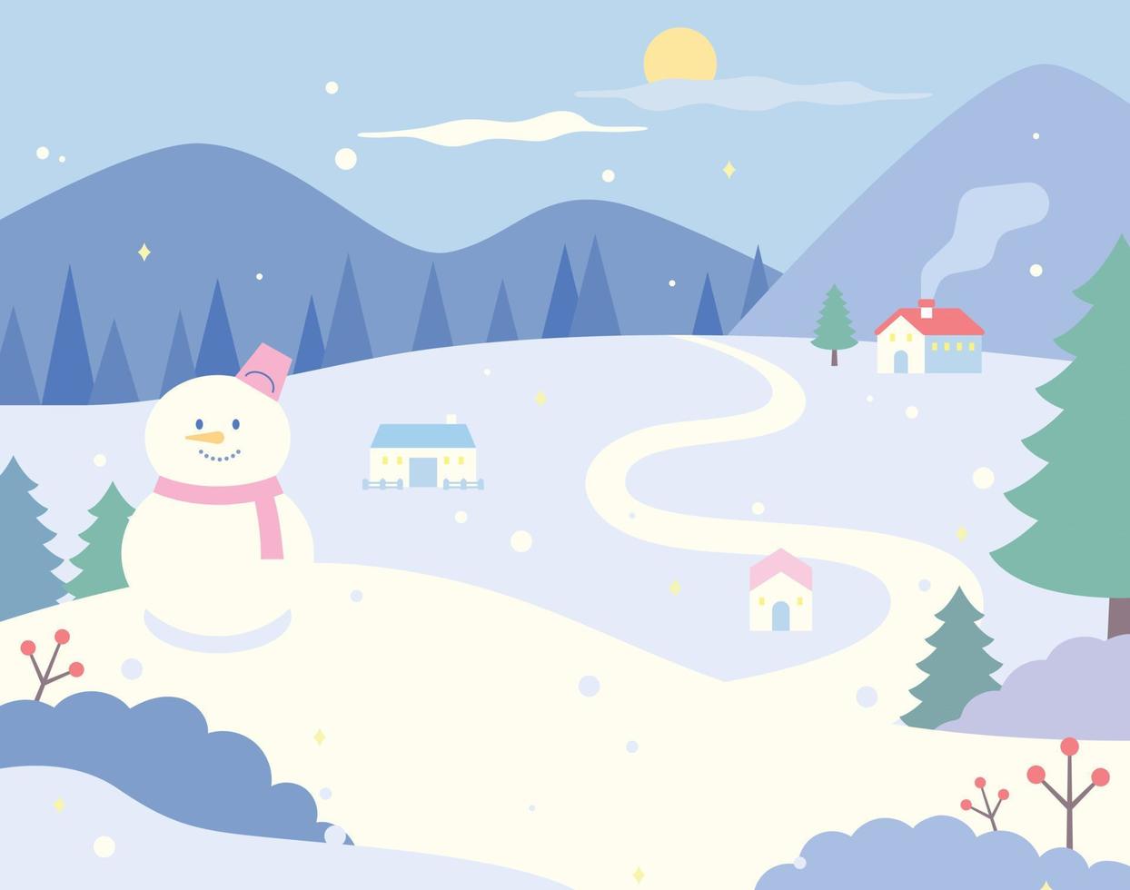 nevoso cittadina. Là è un' carino pupazzo di neve e un' villaggio può essere visto nel il distanza. Fumo è In arrivo su di il camino. vettore