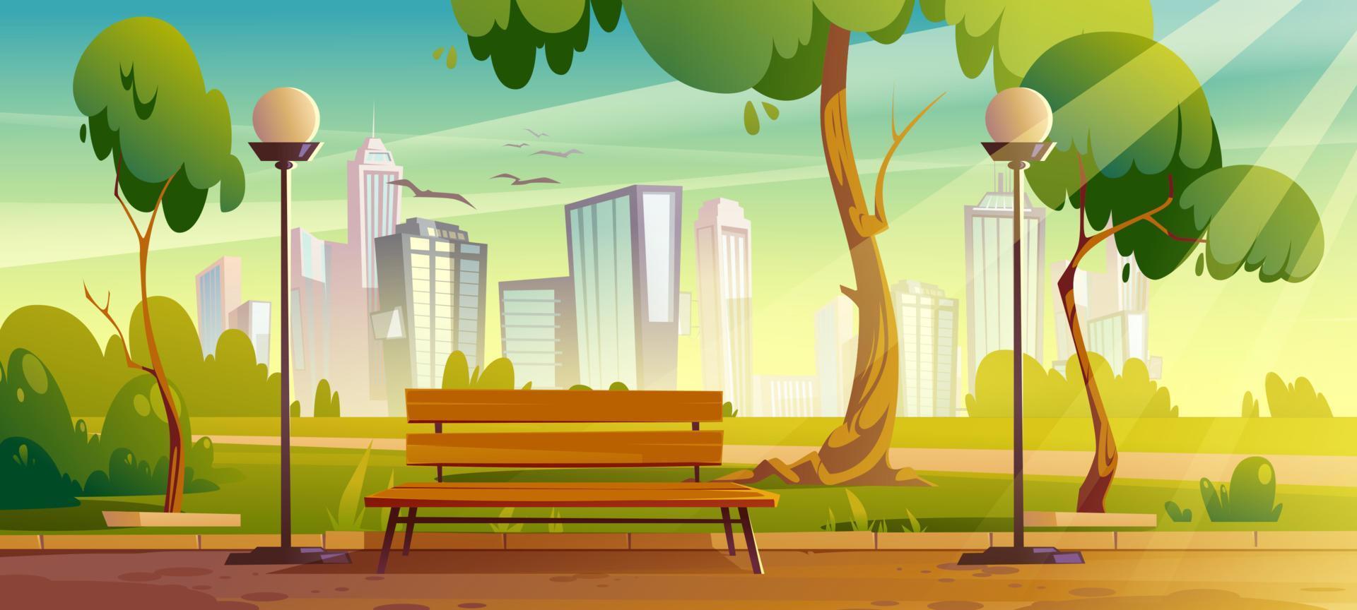 città parco con di legno panchina e verde alberi vettore